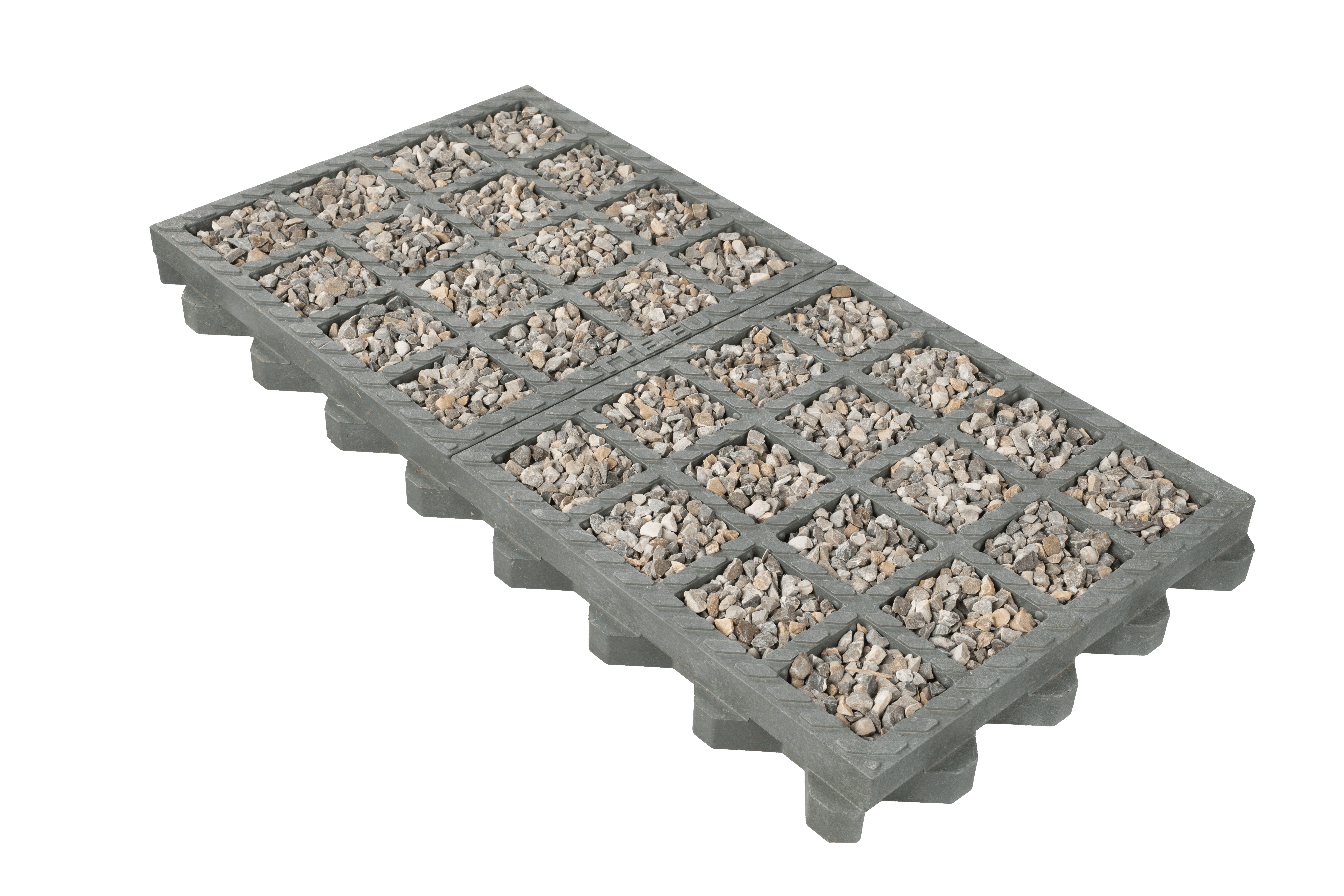 Plastgitter fyldt med småsten til belægning