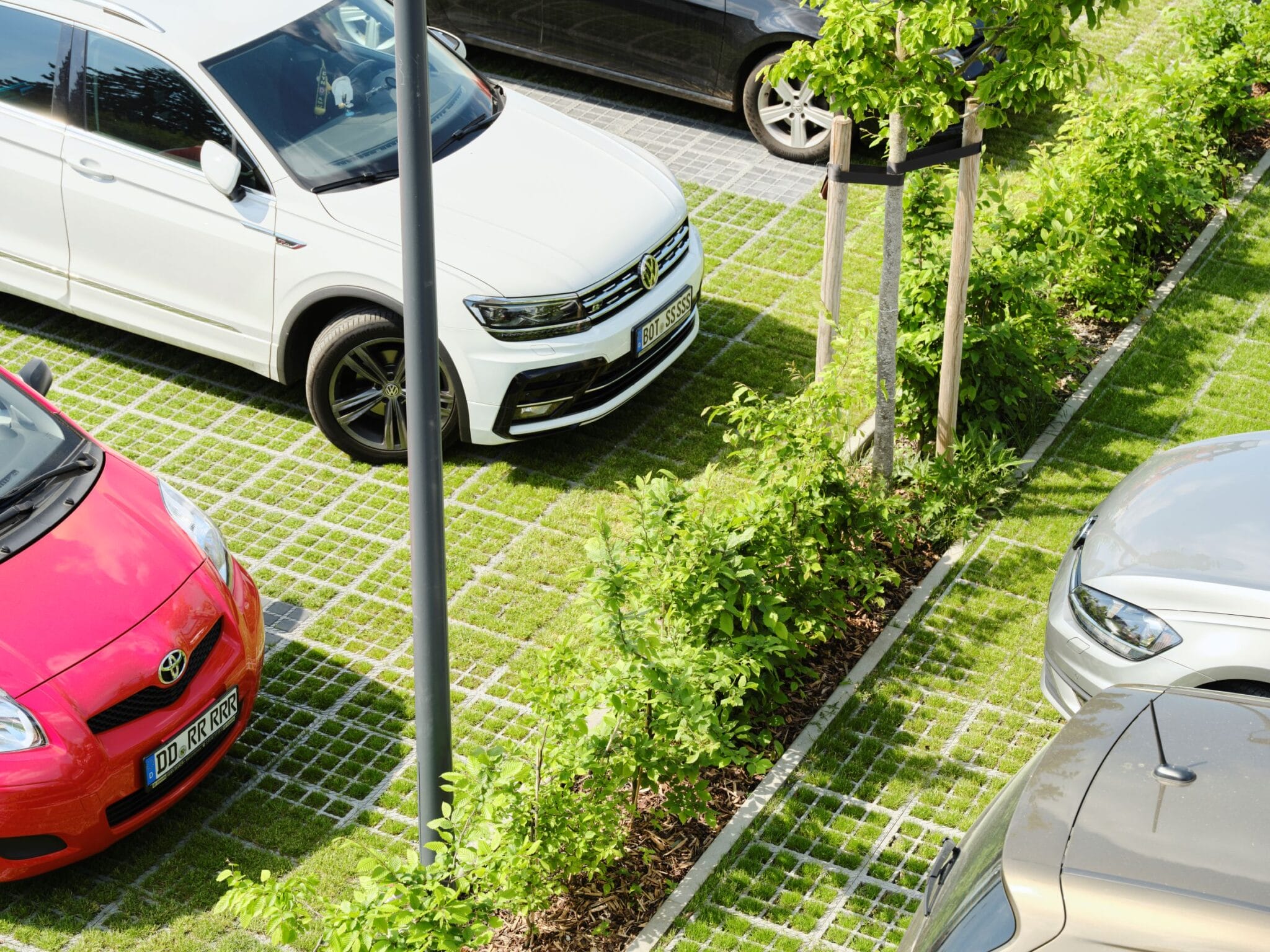 Biler parkeret på grøn, miljøvenlig parkeringsplads